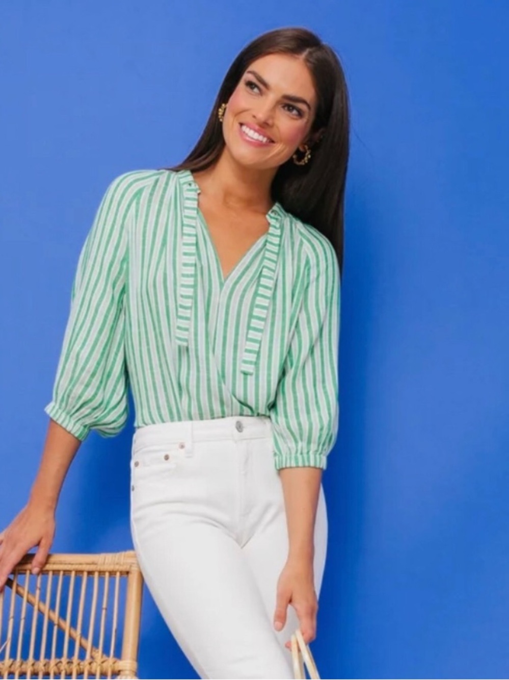 Tuckernuck Green and White Striped V-Neck Blouse